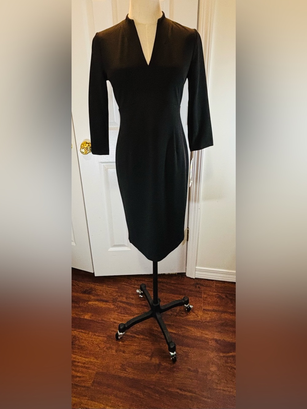 Calvin Klein Black Knee Length Sheath Dress with Mandarin Collar Size 4 PETITE - Picture 2 of 11